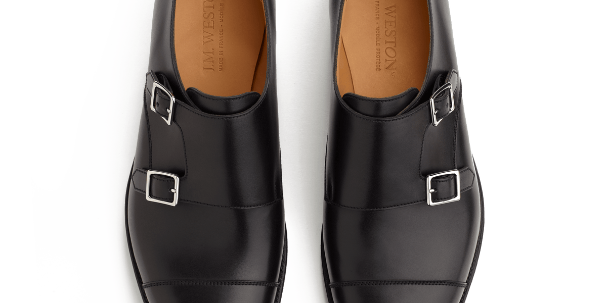 Men's Double Buckle Derby in smooth black leather | J.M. Weston
