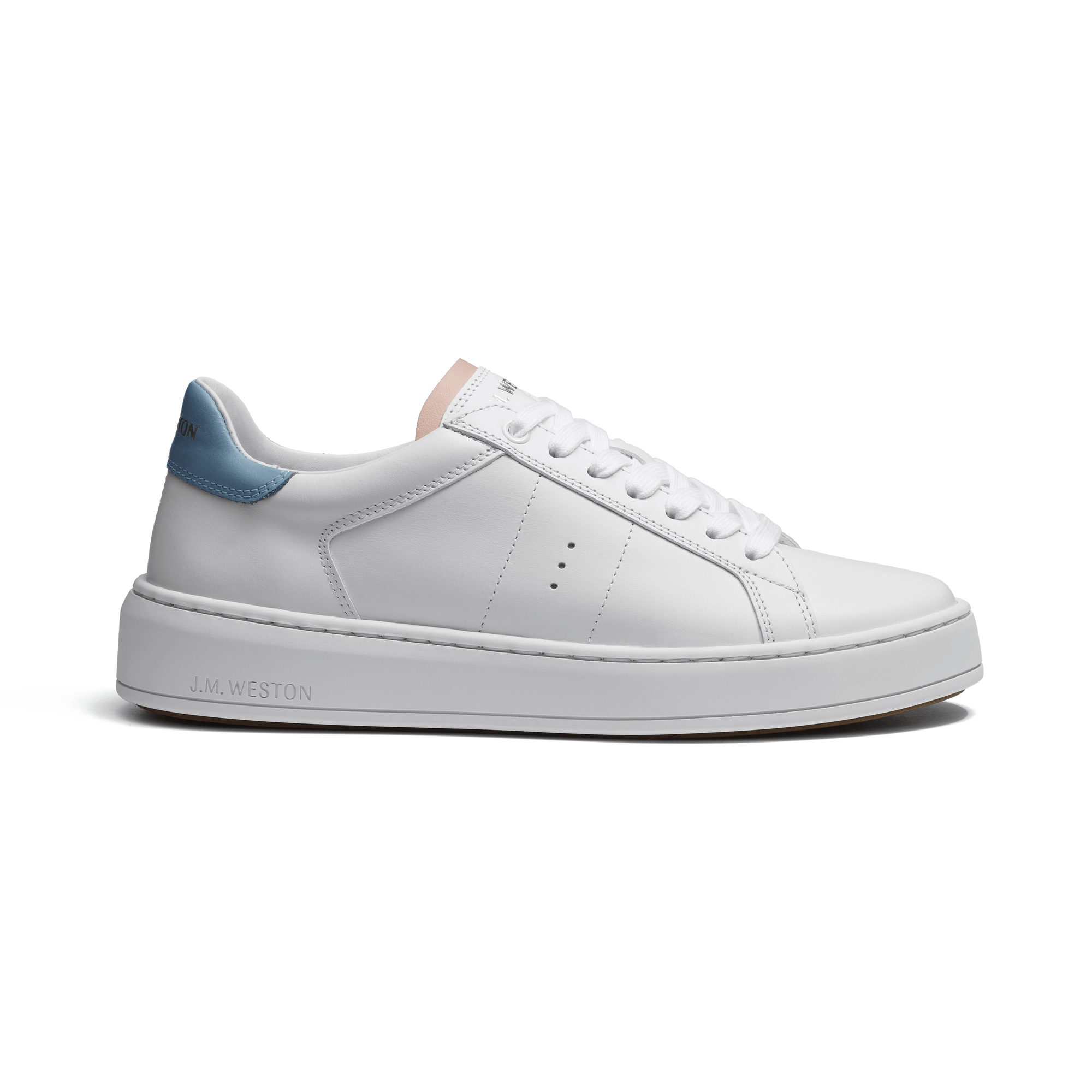 On Time Sneaker[Women White sport calf leather with nude & light blue details]