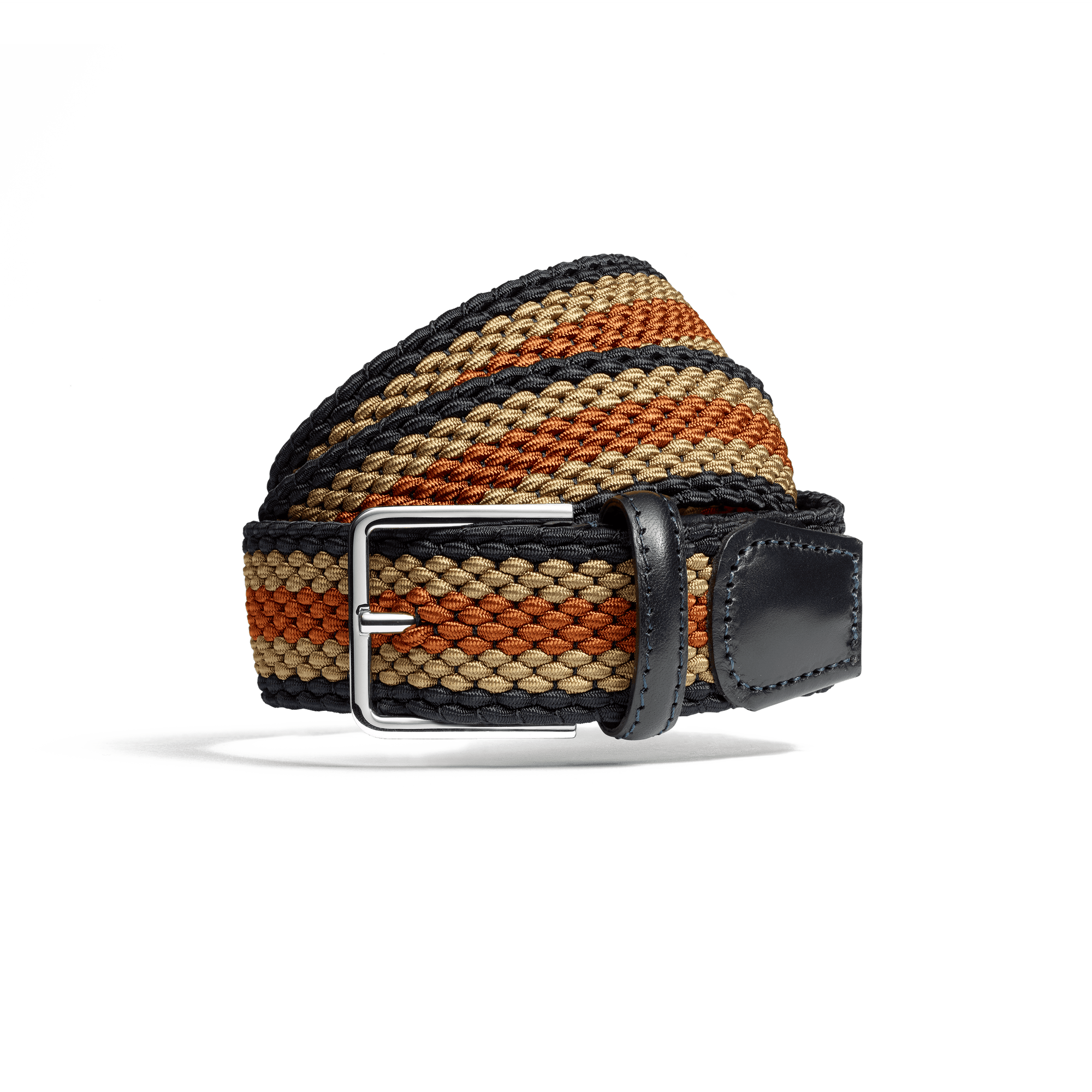 Ceinture Élastique Roland-Garros [Tresse marine, taupe et orange terre battue et cuir veau lisse marine]