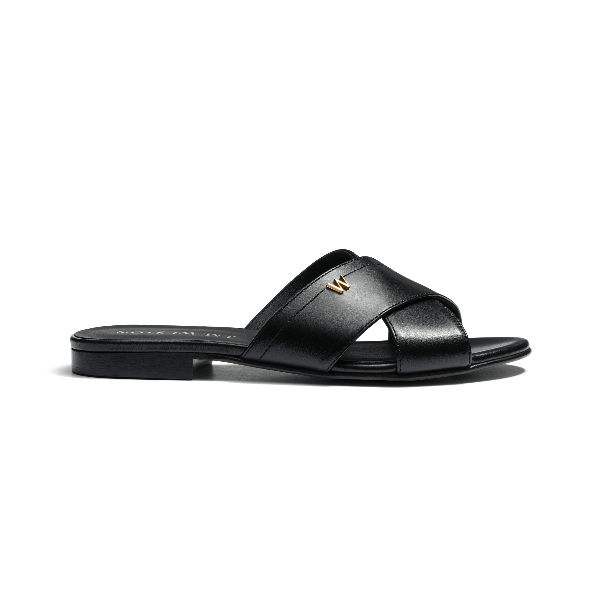 Mule Double V fine [femme cuir veau satiné noir]