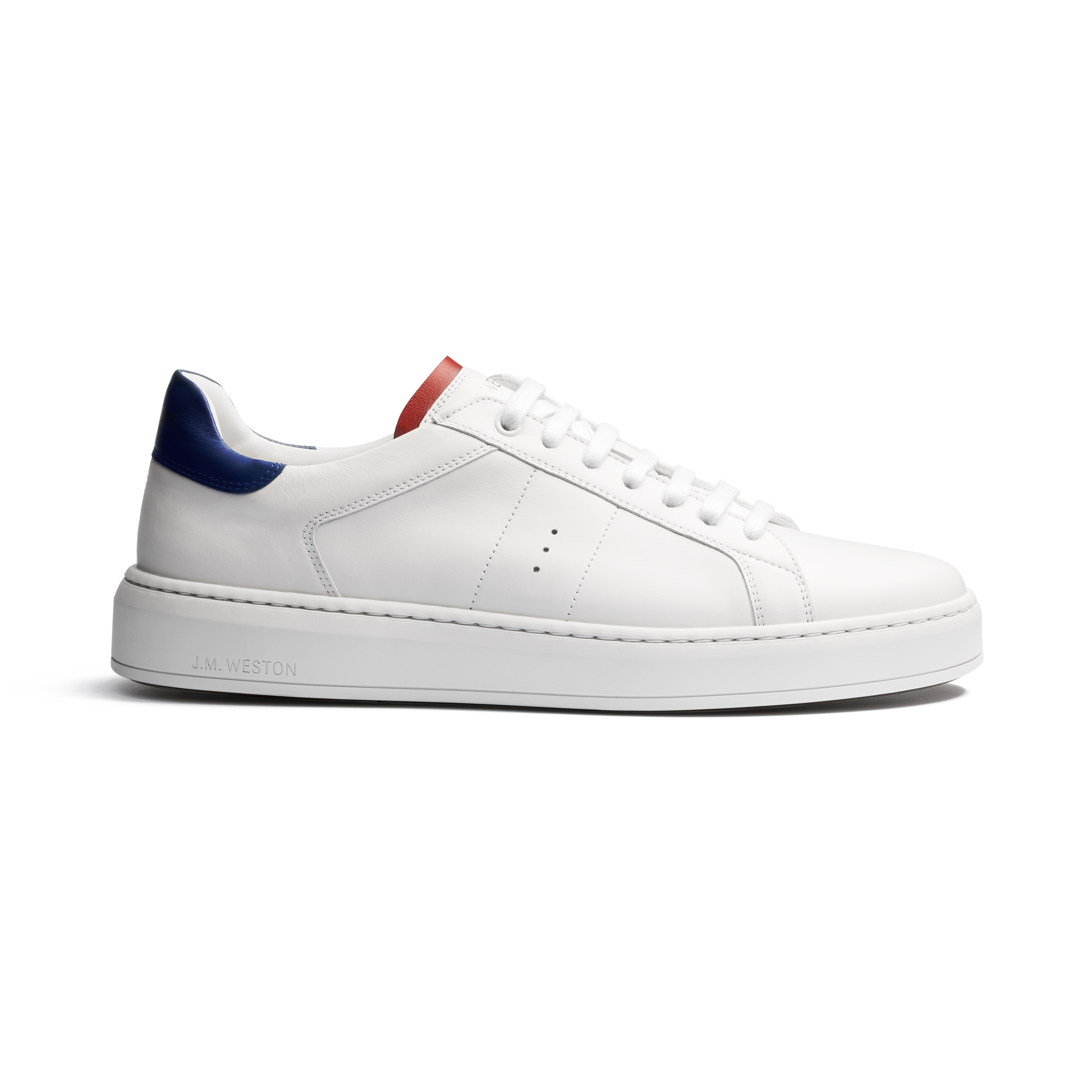 On Time Sneaker[Men & Women White smooth calfskin with blue and red details]